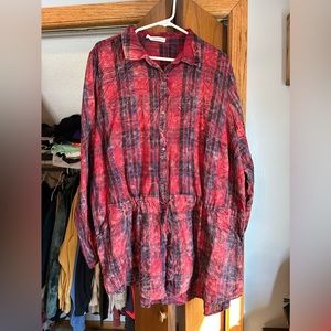 Maurice’s Plus Size 2 Red Plaid Long-sleeve Button Up with tie waist